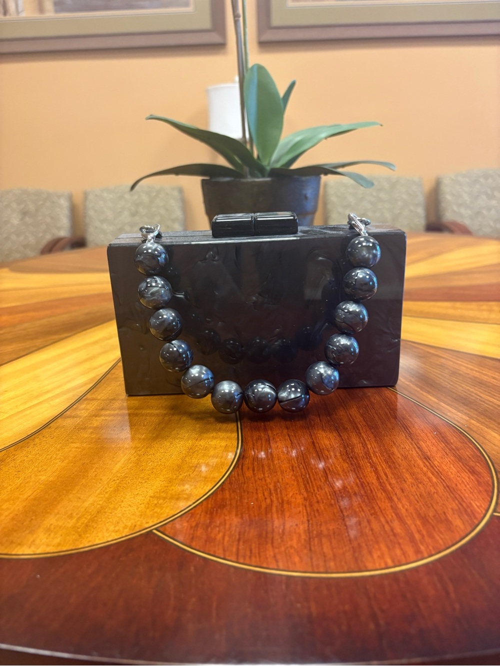 A New Day Shiny Black Gray Clutch with Beaded Handle